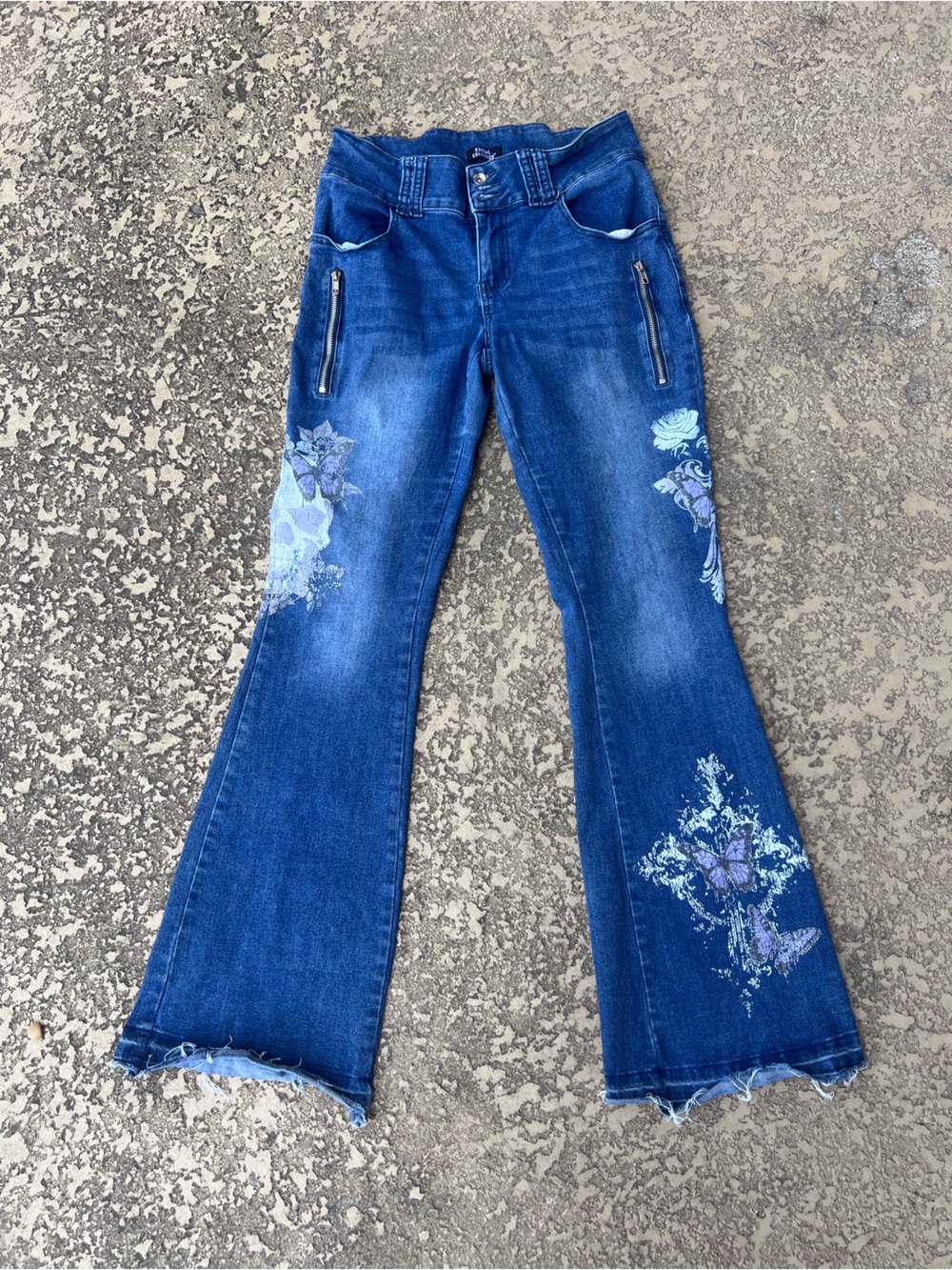 Social Collision Juniors Blue Jeans Skulls & Butterflies Boot-Cut Jeans